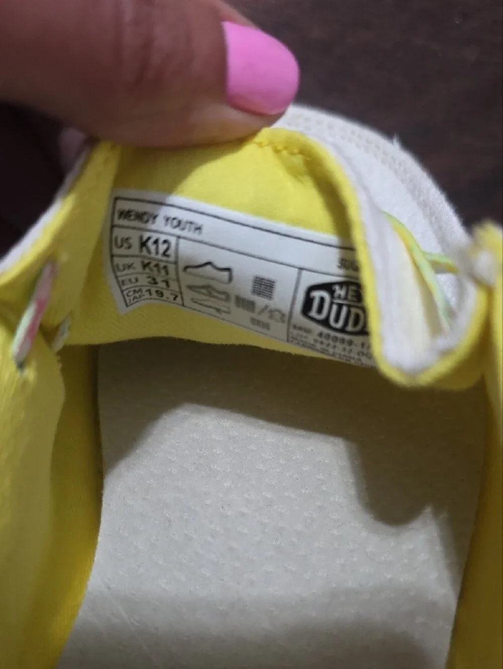 Hey Dude Kids White Canvas Slip-Ons with Yellow Lining and Multicolor Trim